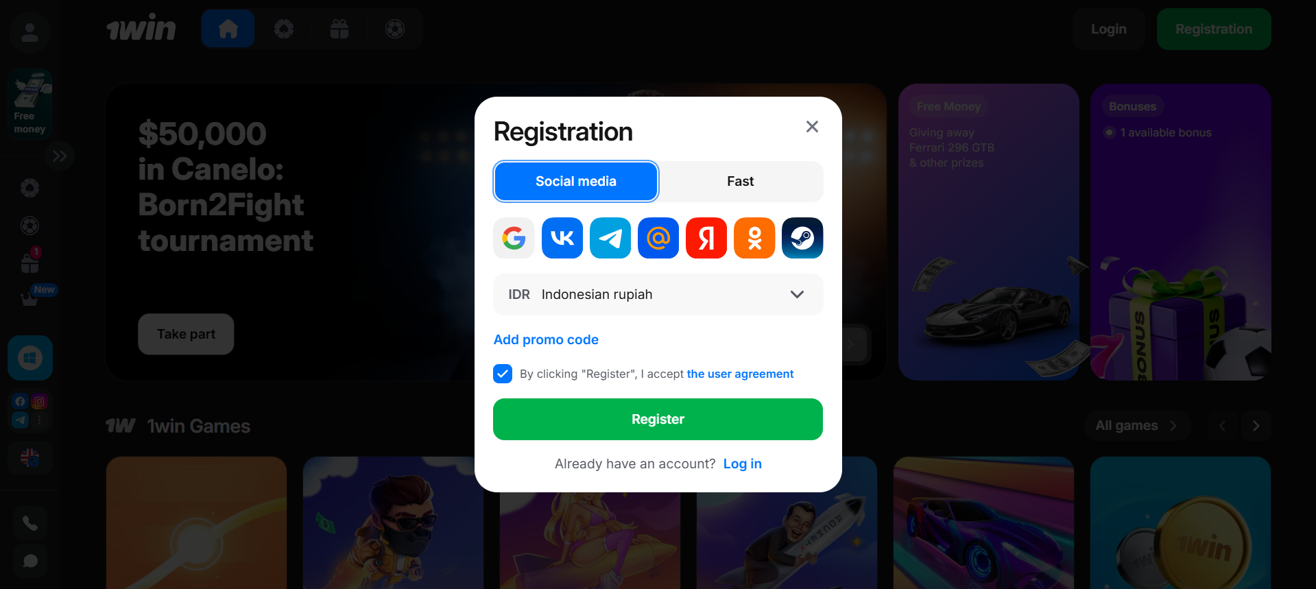 Join 1win Indonesia and login to enjoy casino and sports bets