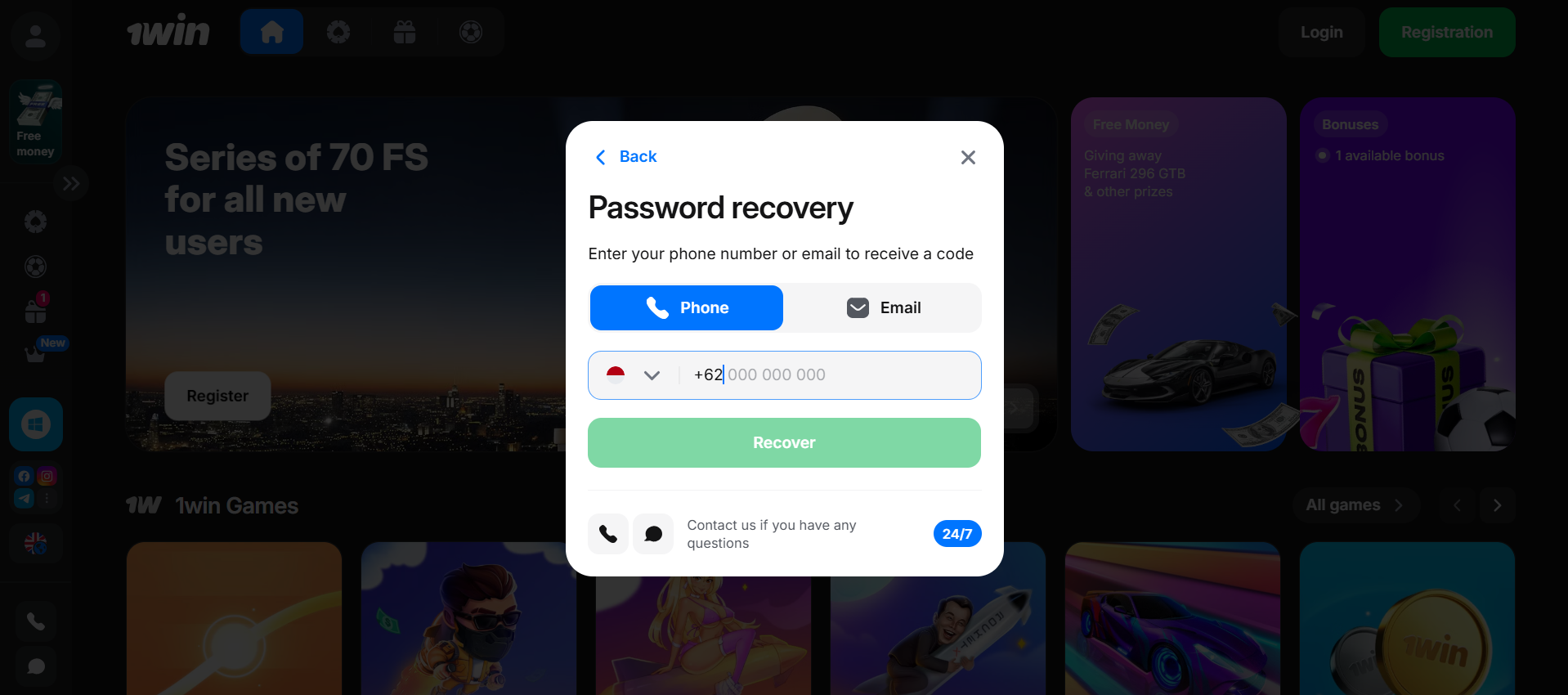 Password reset online via 1win website